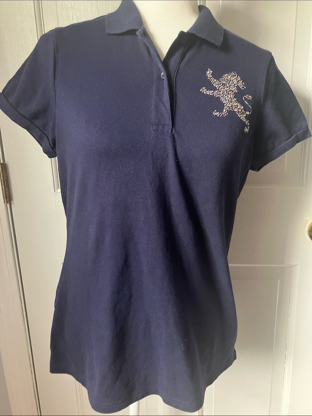 Express large lion crest bling short sleeved stretchy navy polo shirt L